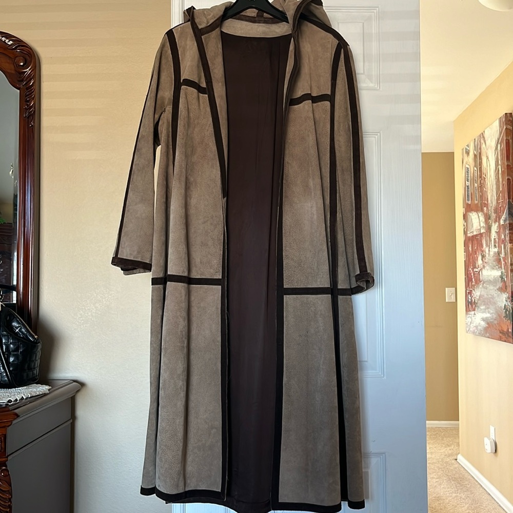Vintage genuine suede coat with hoodie brown sz M/L - Picture 1 of 5